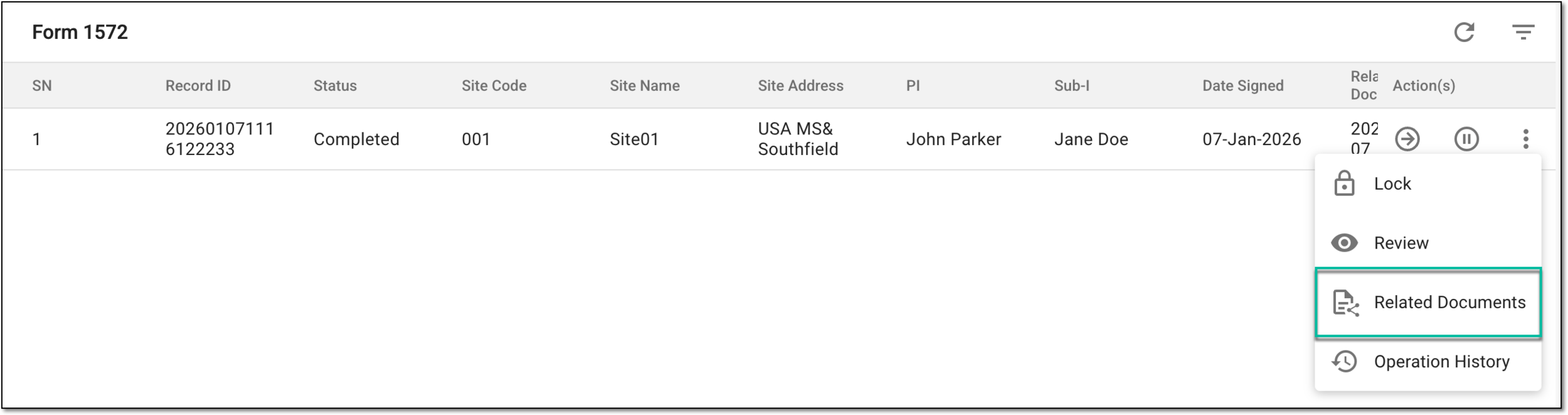 Selecting option to access related document list