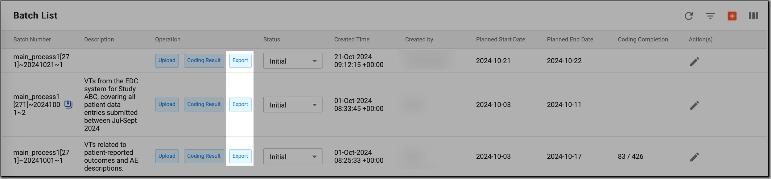 Accessing export option from Batch List page