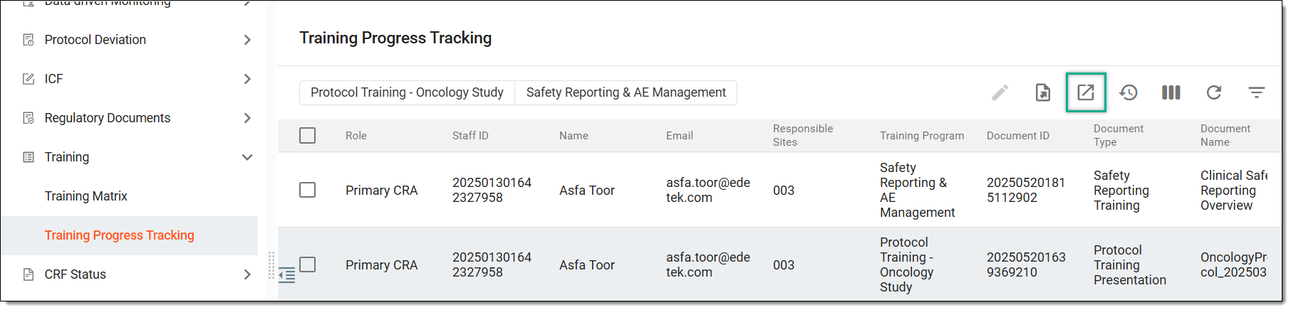 Exporting primary CRA training progress