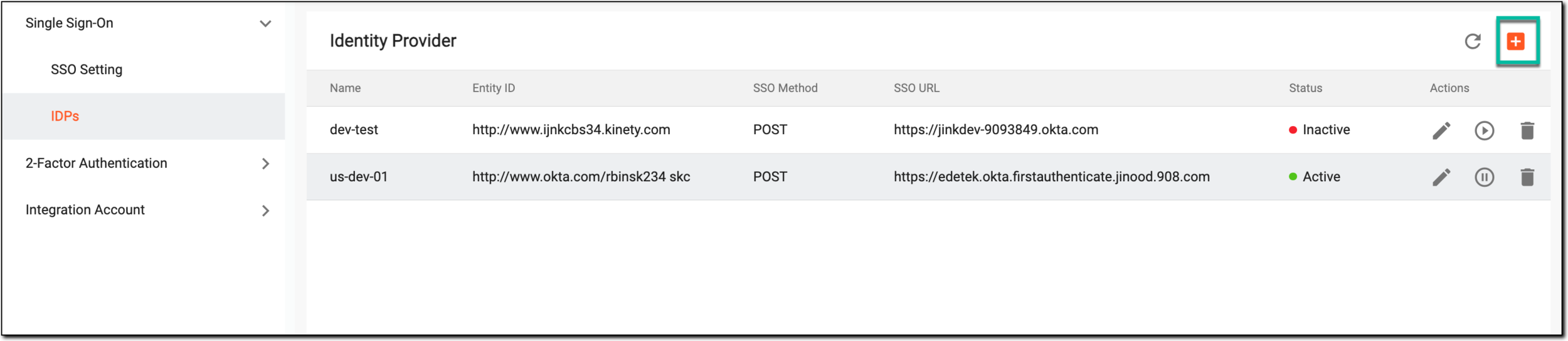 Selecting to add new identity provider