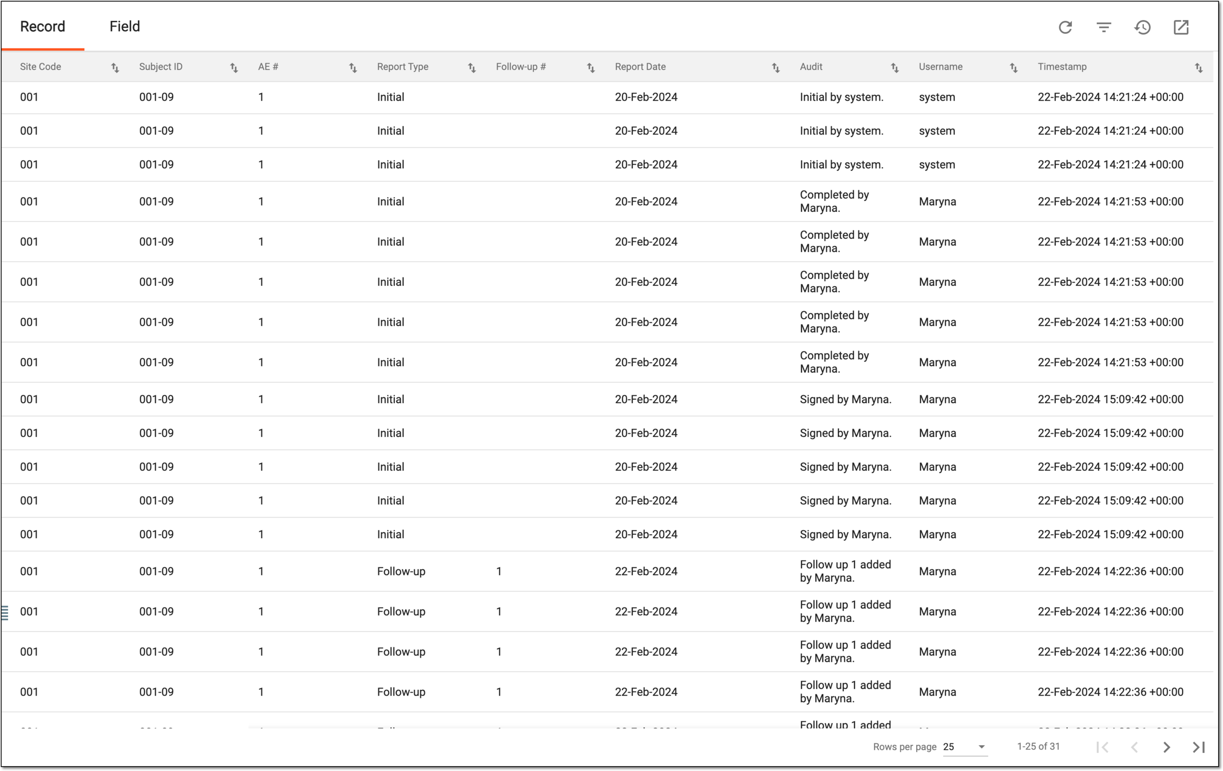 Viewing SAE record audit log