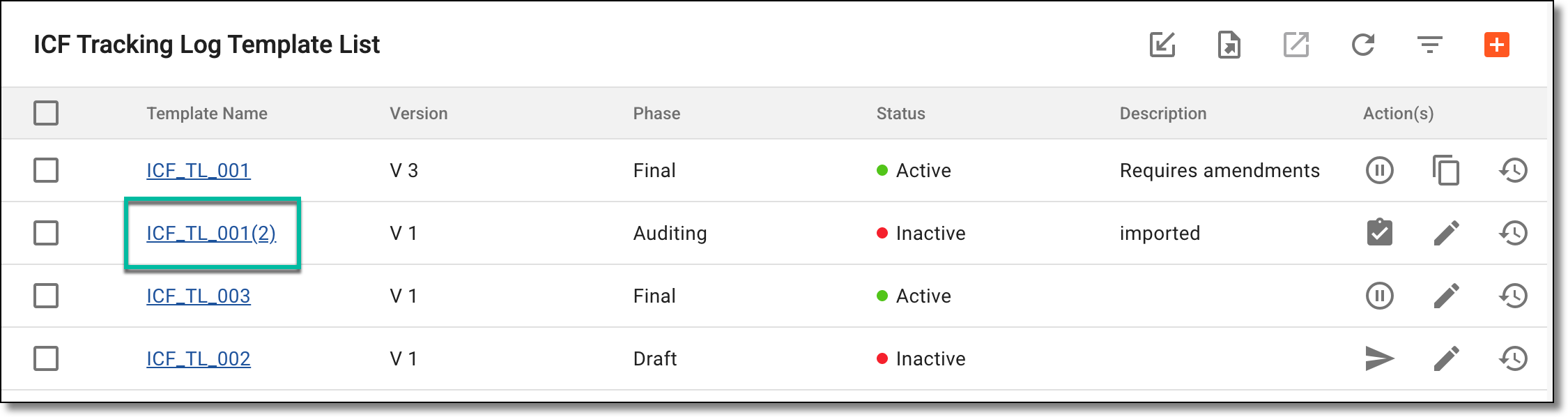 Accessing ICF tracking log template to review