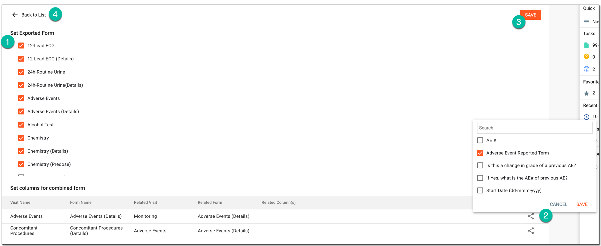 Setting exported forms and related data entries