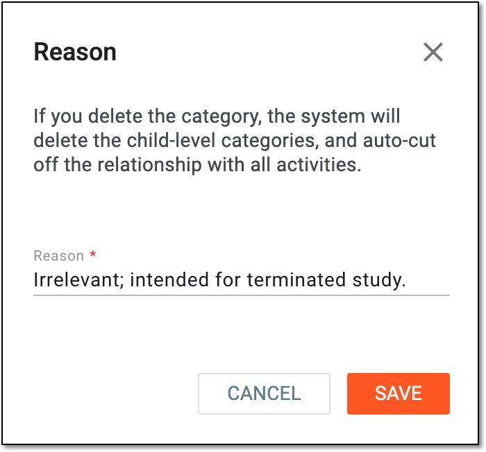Providing reason for fee category deletion