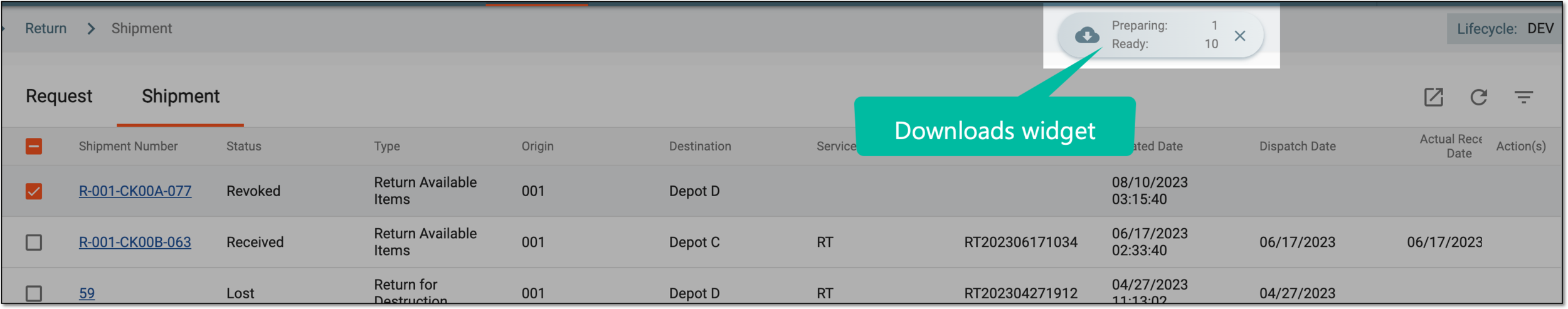 Downloads widget for site return shipments