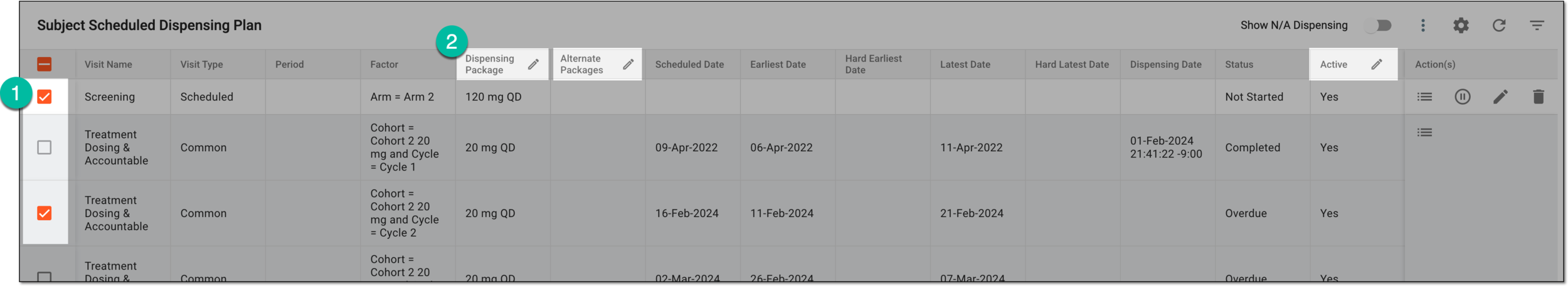 Selecting visits to edit in bulk