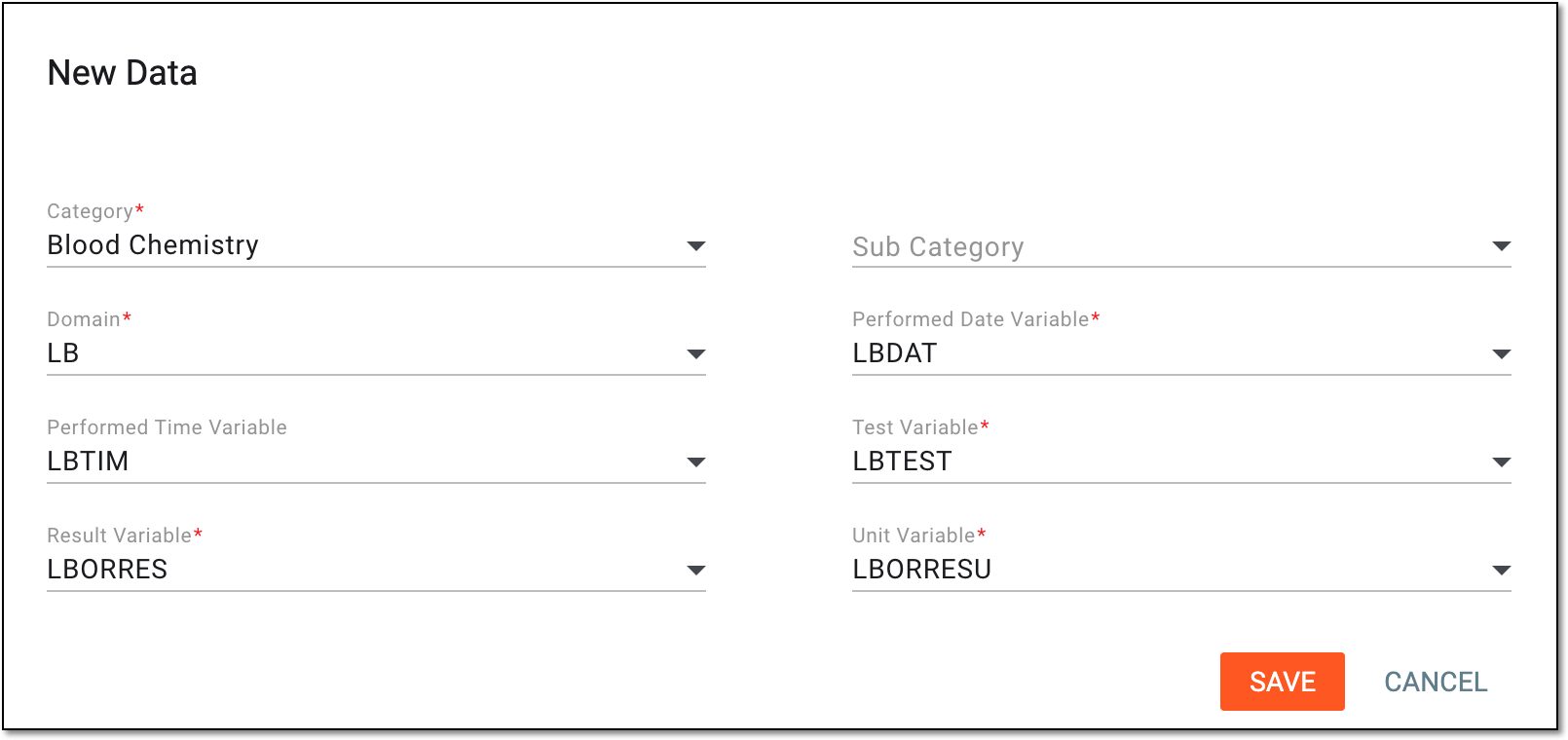 Setting data category and variables for analysis report