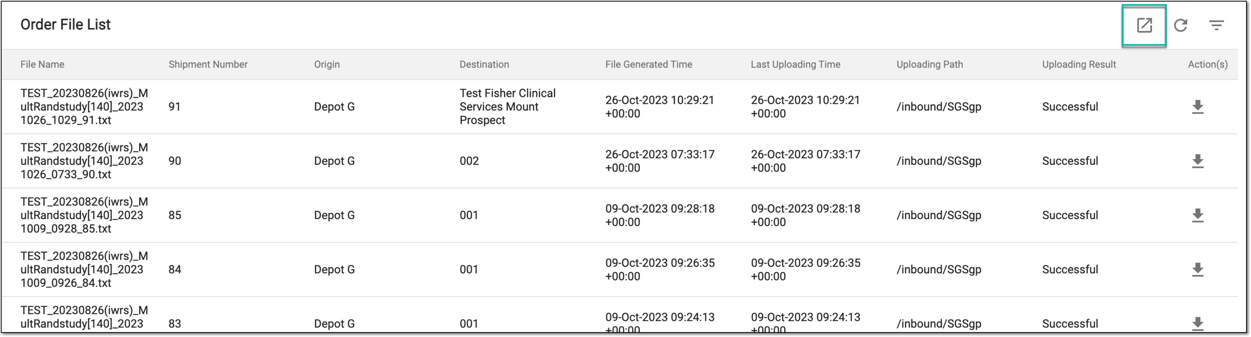 Selecting option to export order file list