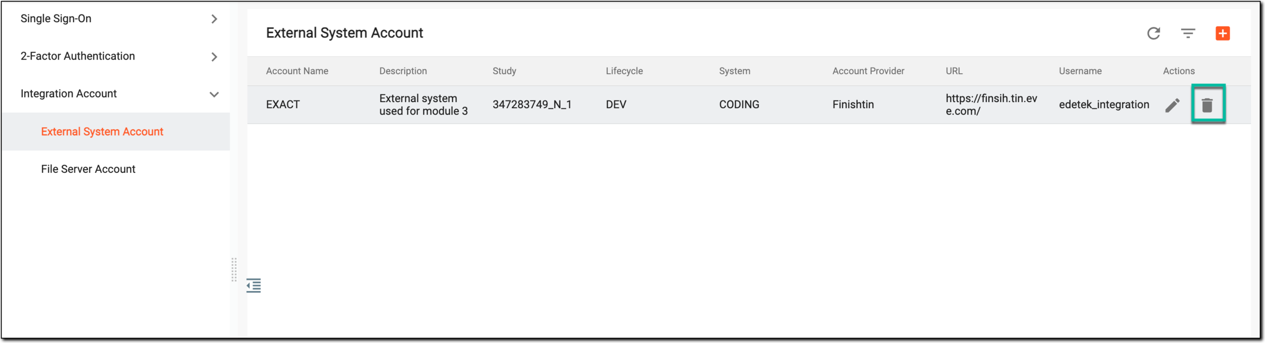 Selecting to delete external system account
