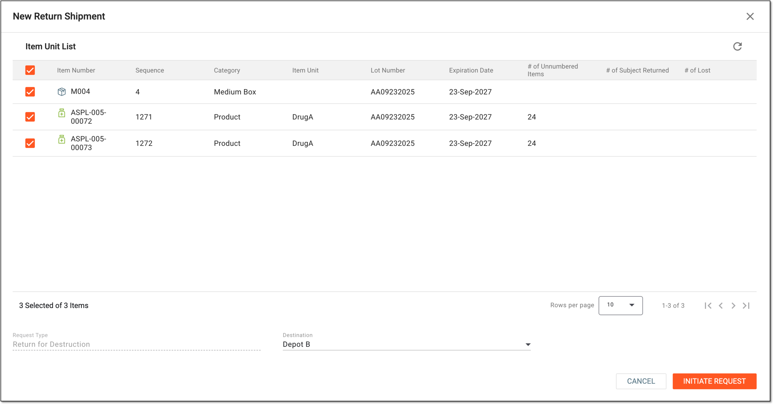 Creating return shipment with items for destruction