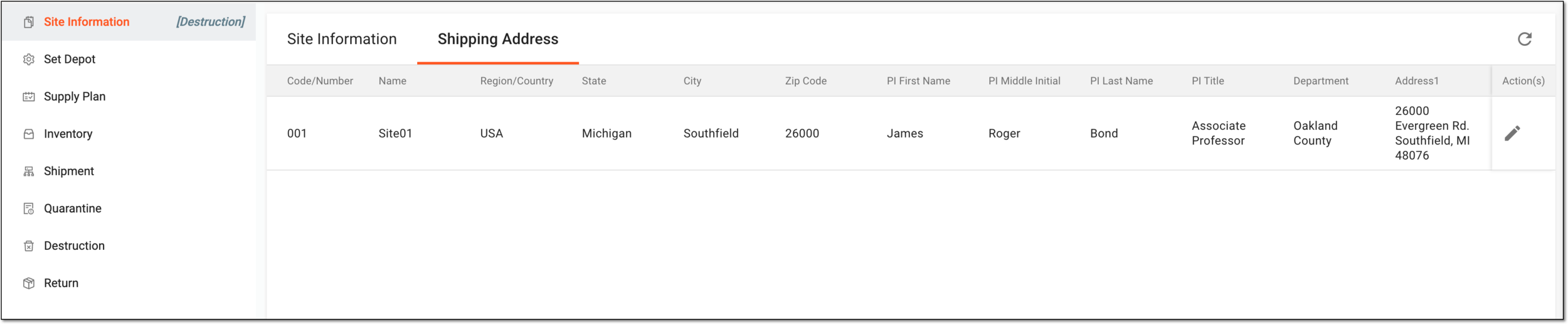 Viewing site shipment address