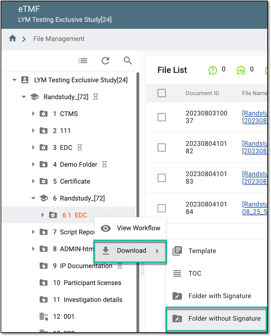 Accessing option to download folder without signature