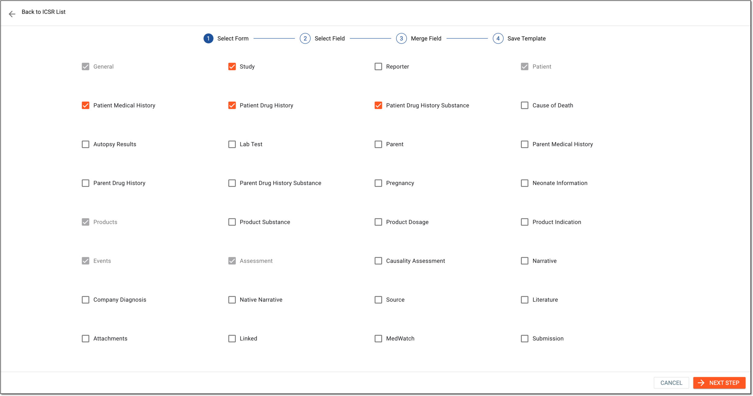 Selecting forms for line listing export
