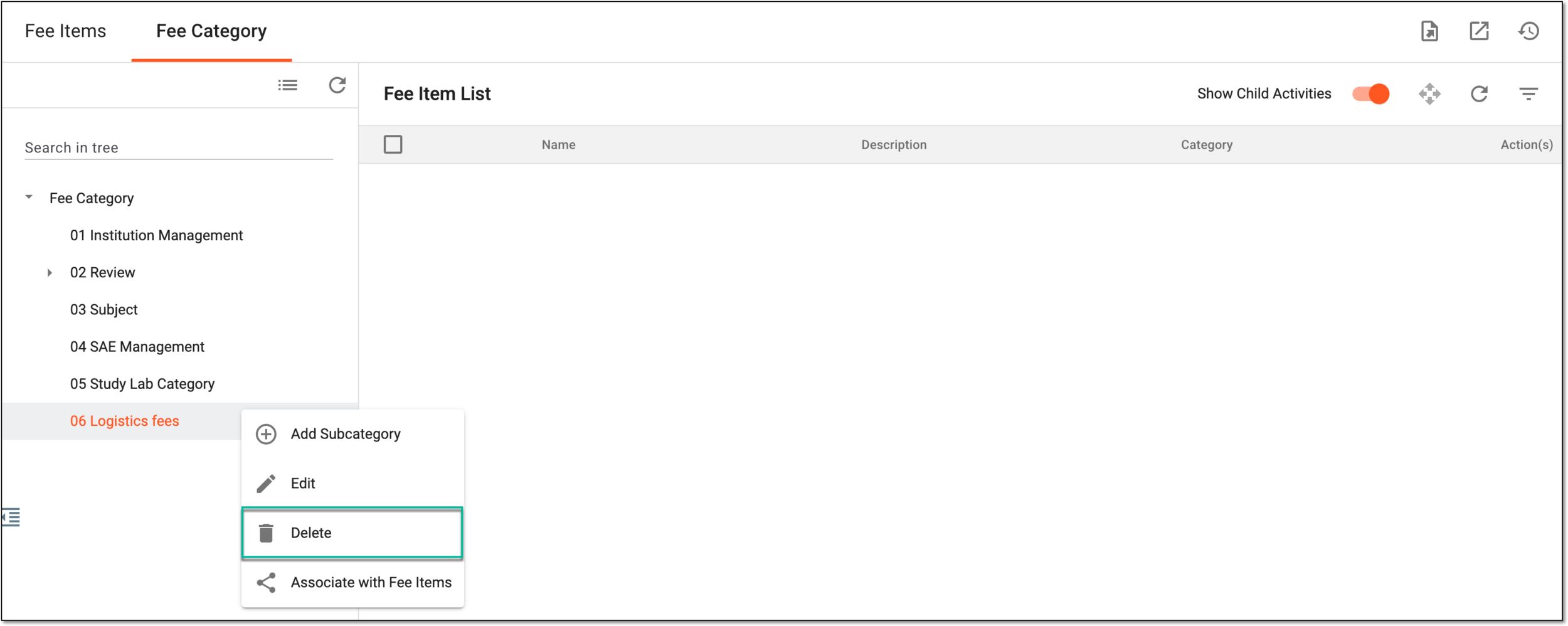 Selecting option to delete fee category