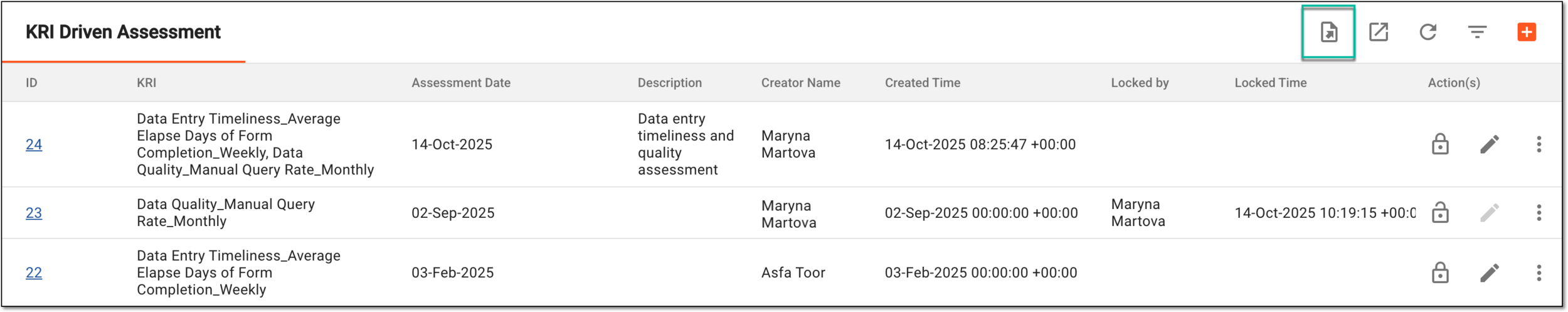 Accessing KRI-driven assessment export history