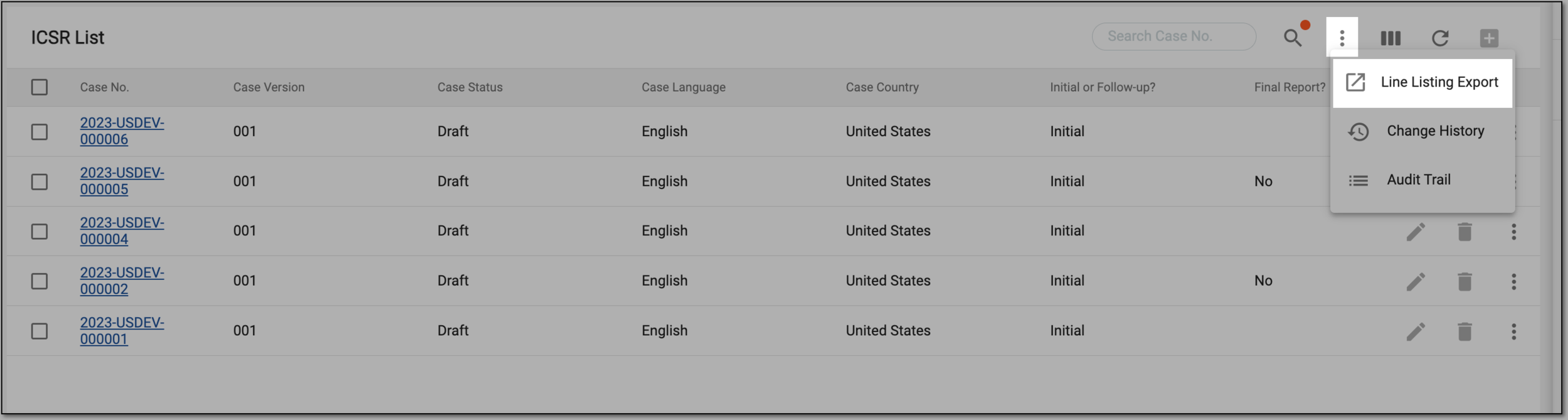 Selecting line listing export