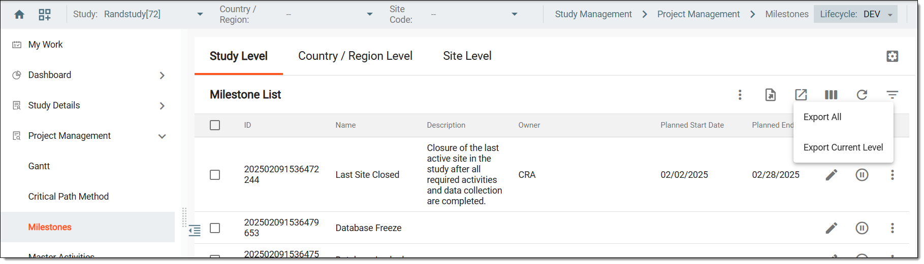 Exporting study milestones
