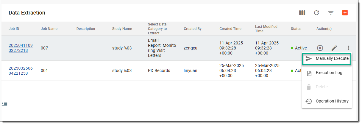 Executing data extraction job manually