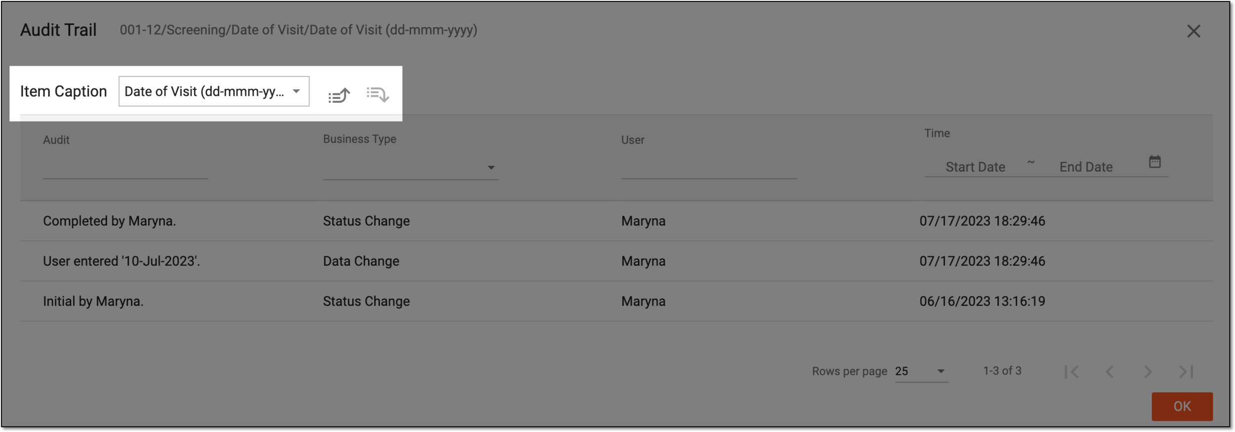 Selecting item to view audit trail