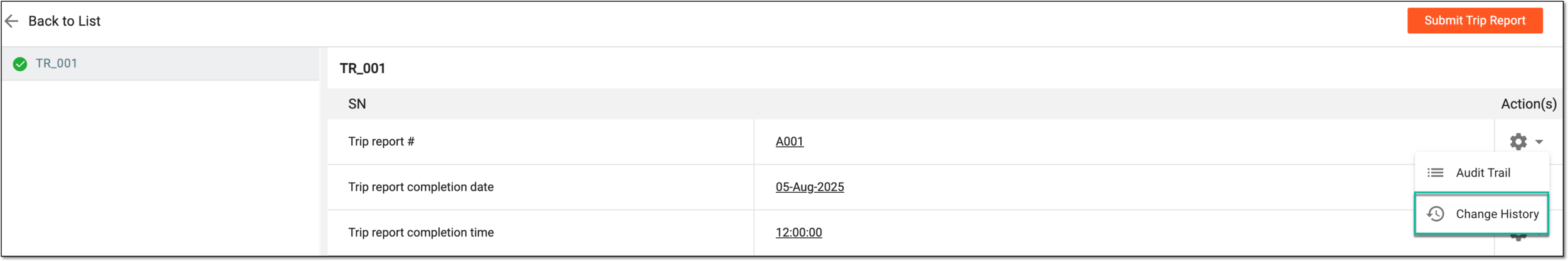Accessing trip report record change history
