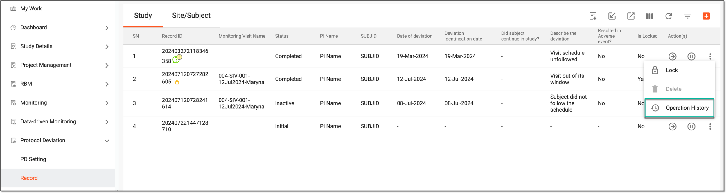 Selecting to view operation history