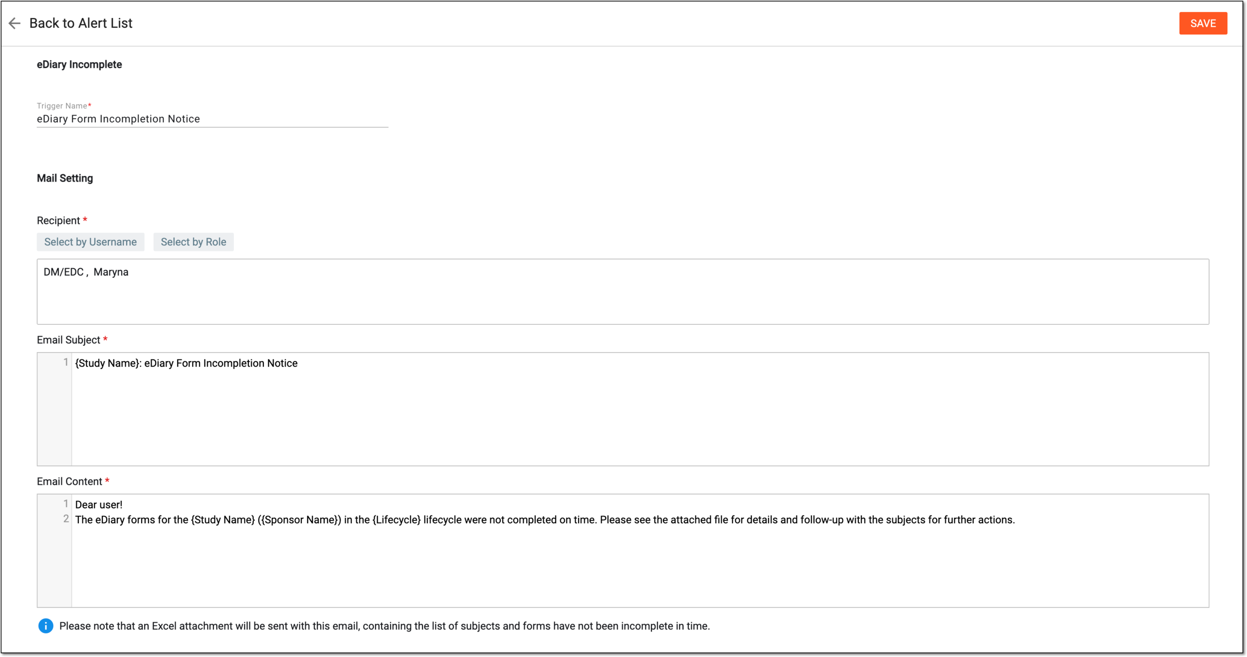 Configuring eDiary incompletion alert