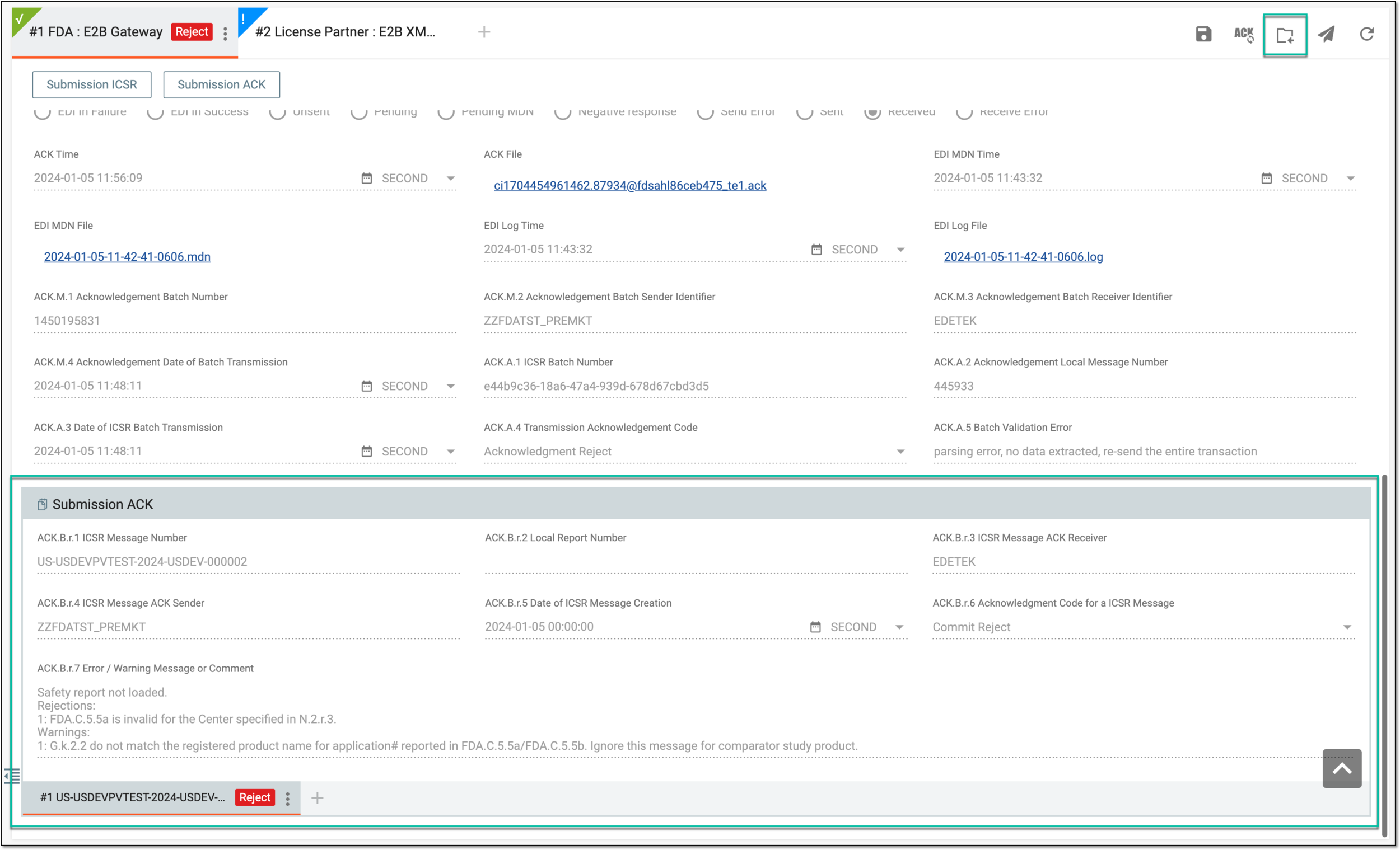Viewing ACK message