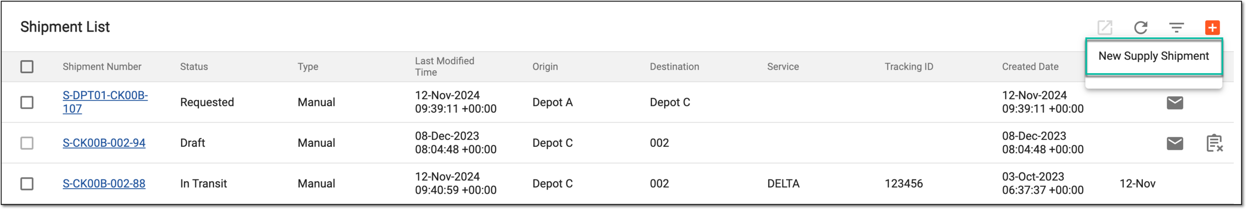 Selecting to create new supply shipment for depot