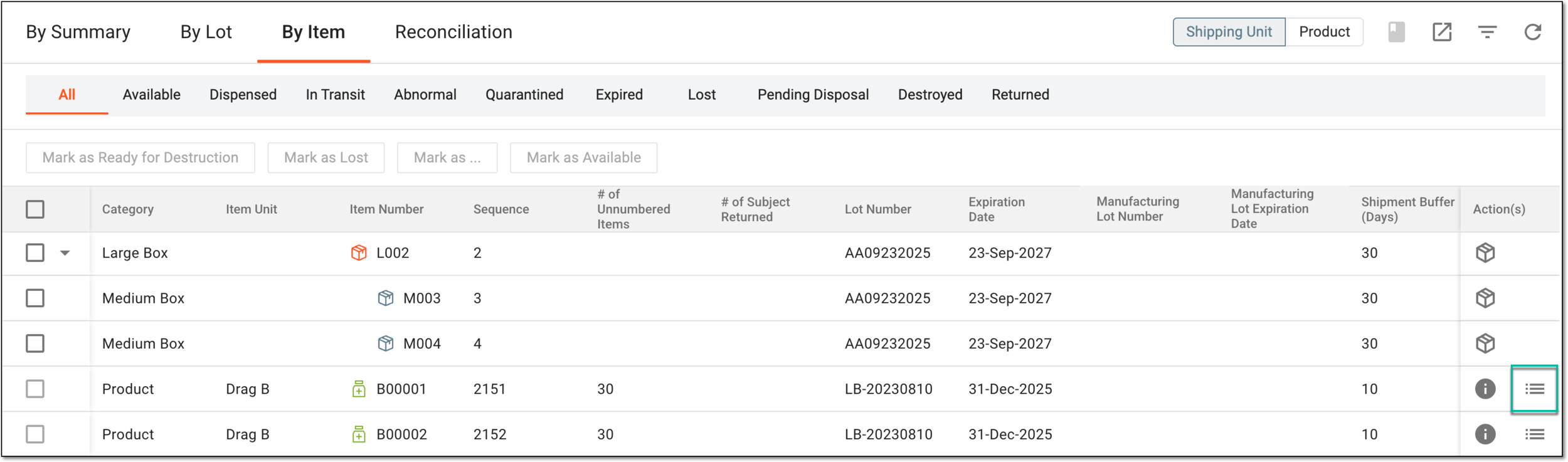 Selecting option to access item audit