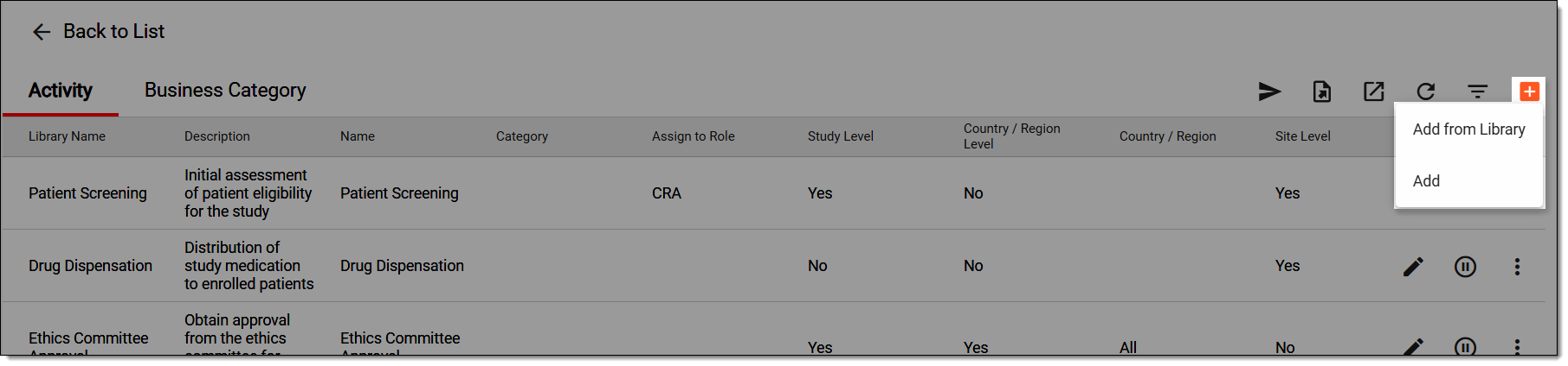 Selecting option to add activity