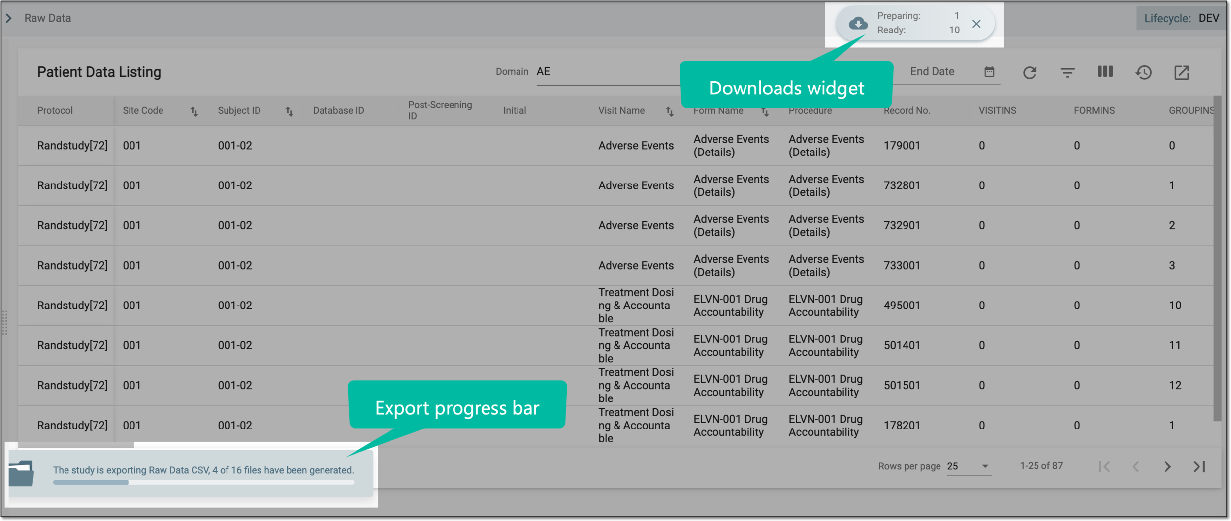 Viewing downloads widget and progress bar
