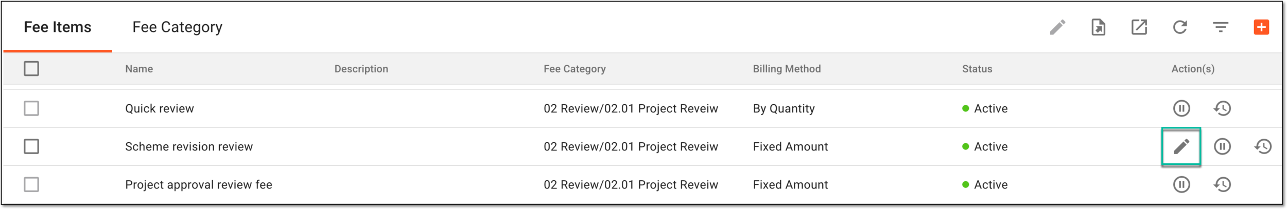 Selecting option to edit fee item