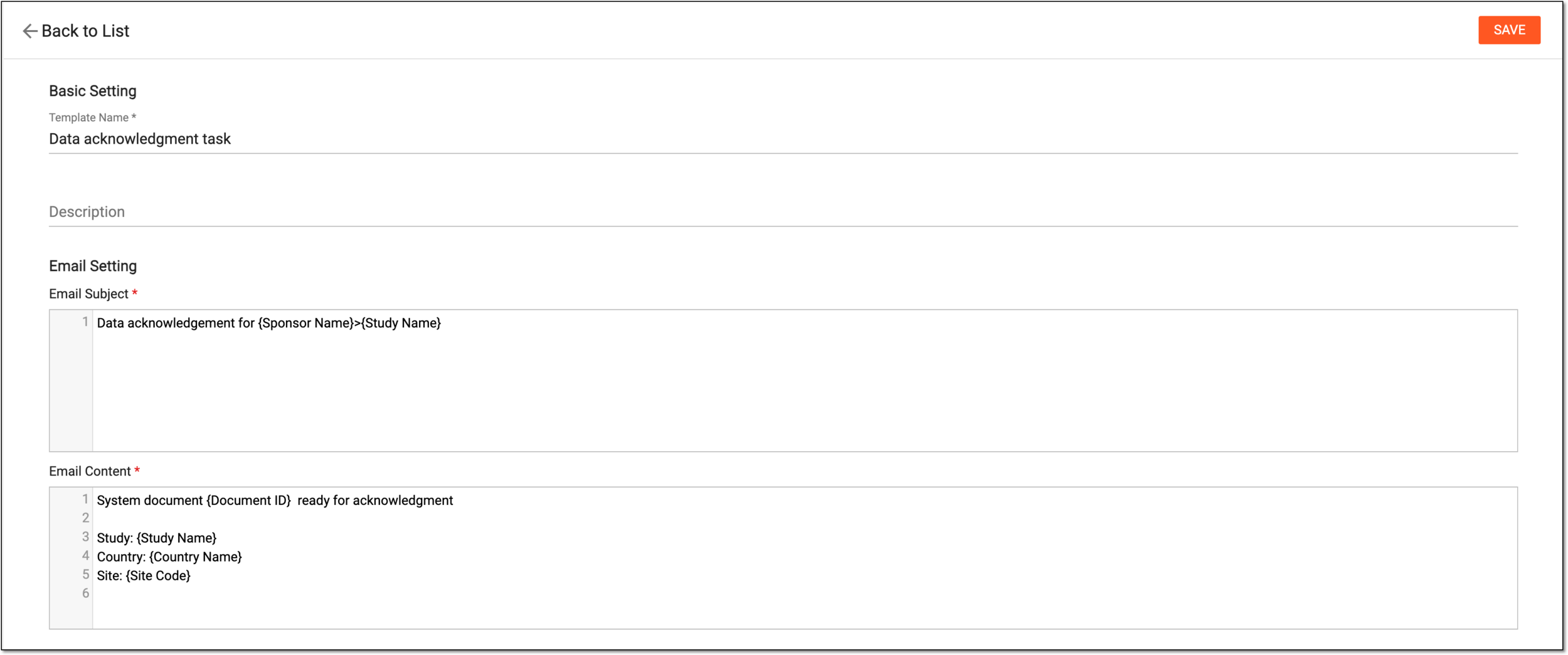 Configuring data acknowledgment email template
