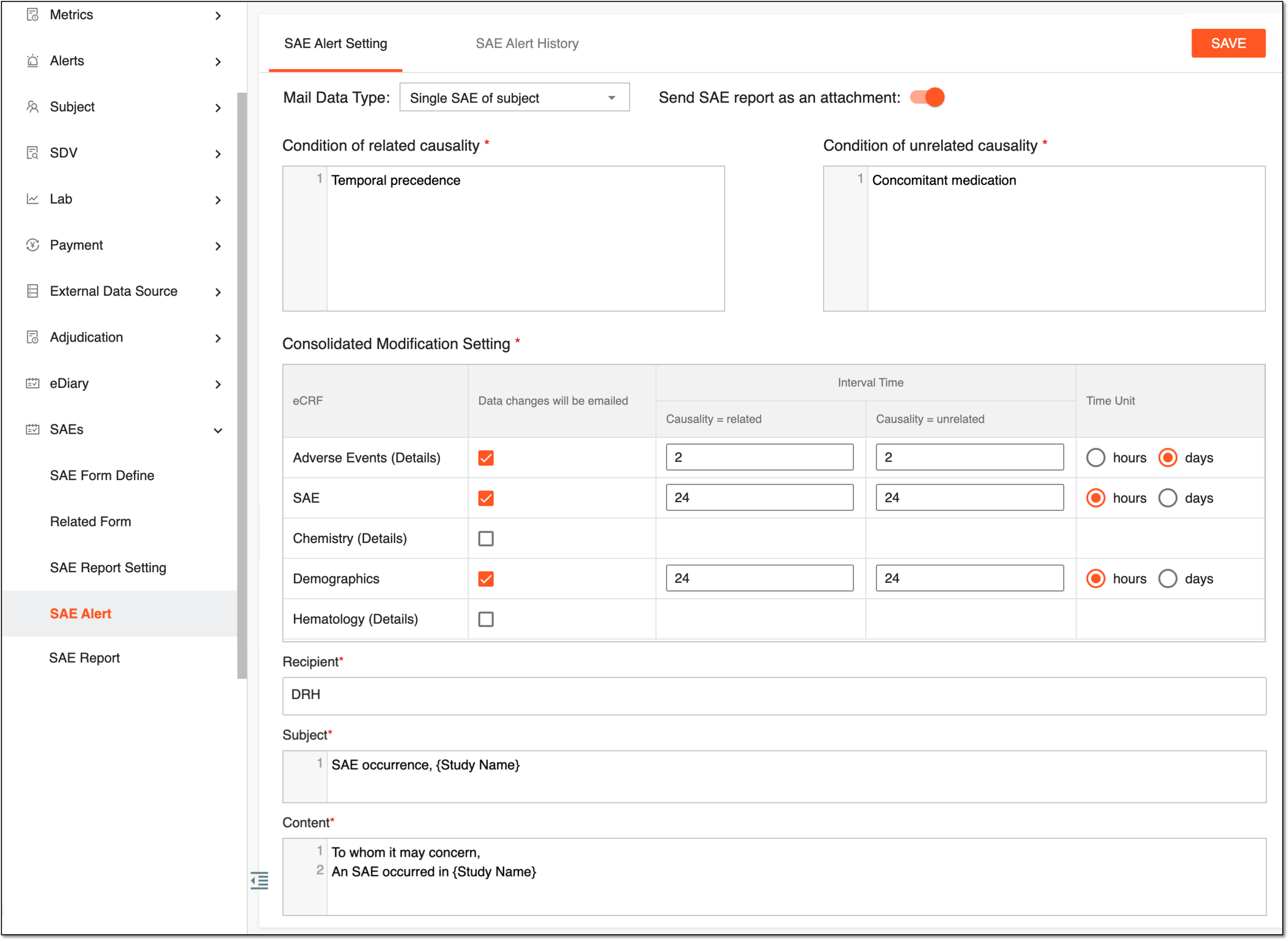 SAE alert settings