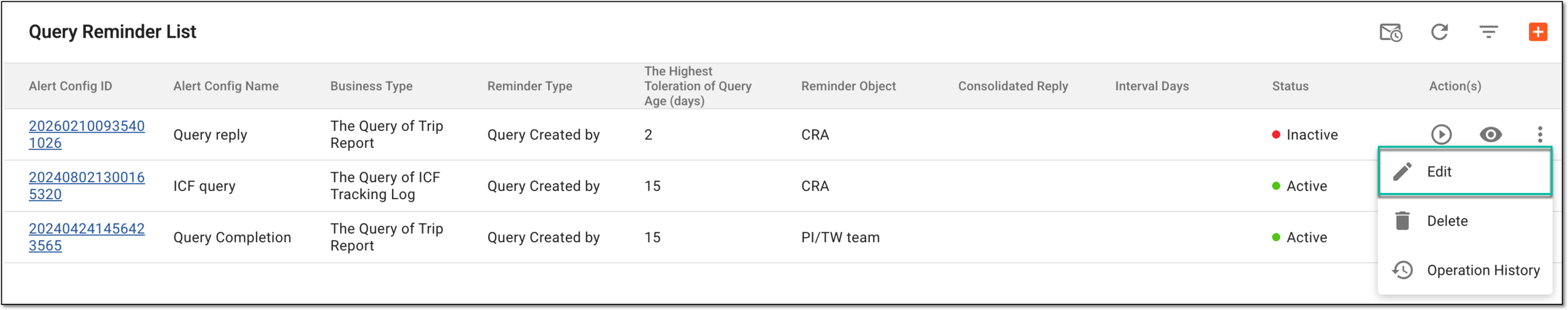 Selecting option to edit query reminder