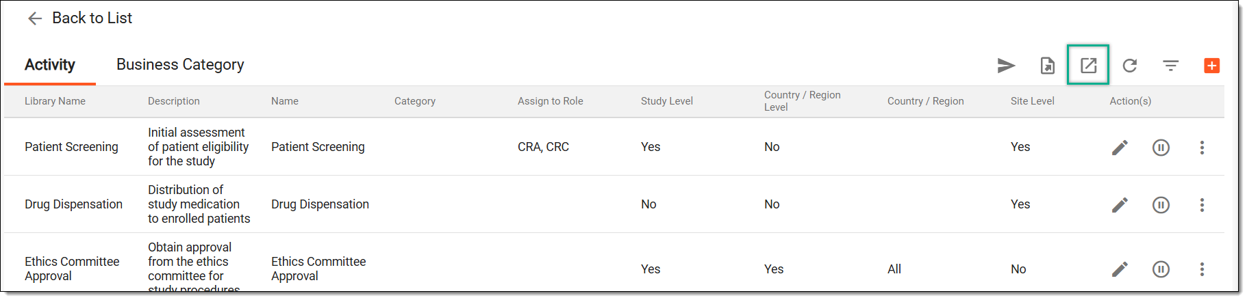Accessing option to export activities