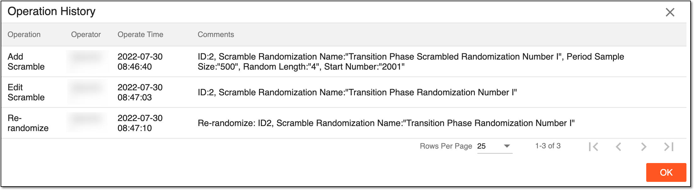 Viewing scrambled randomization operation history