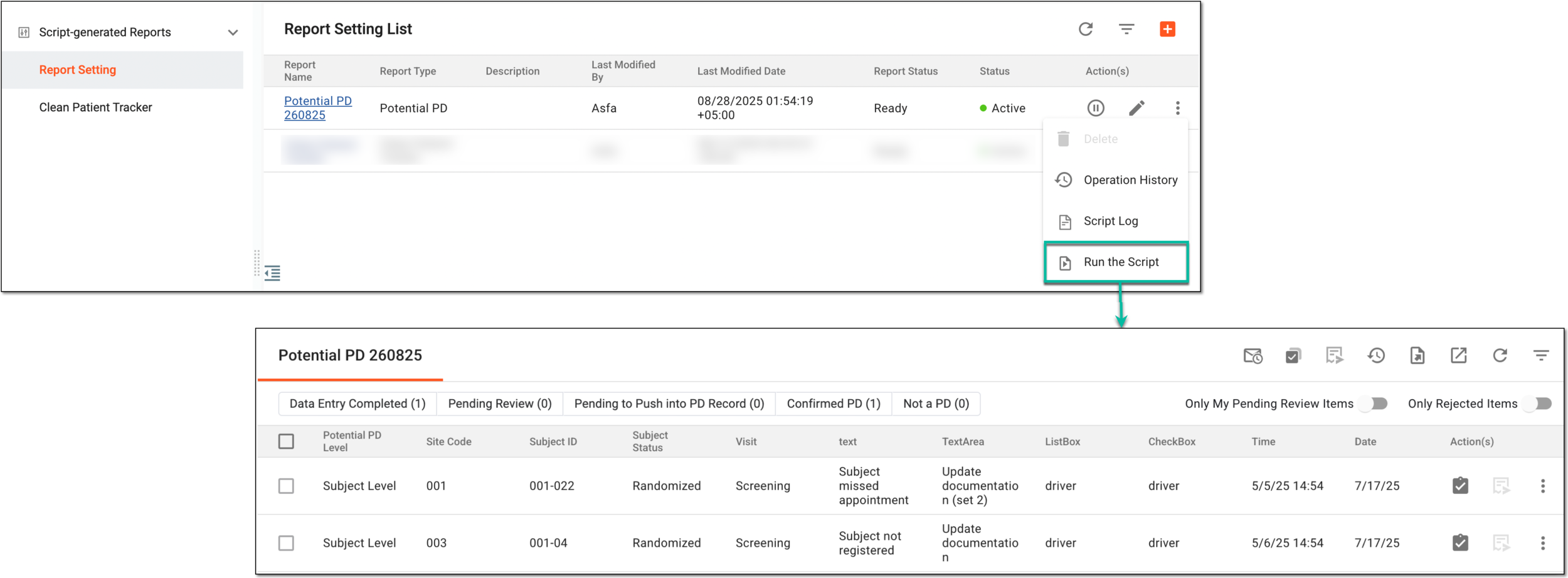 Script-generated potential PD records