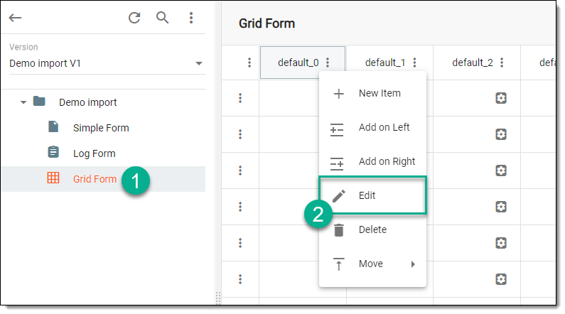 Selecting option to edit column