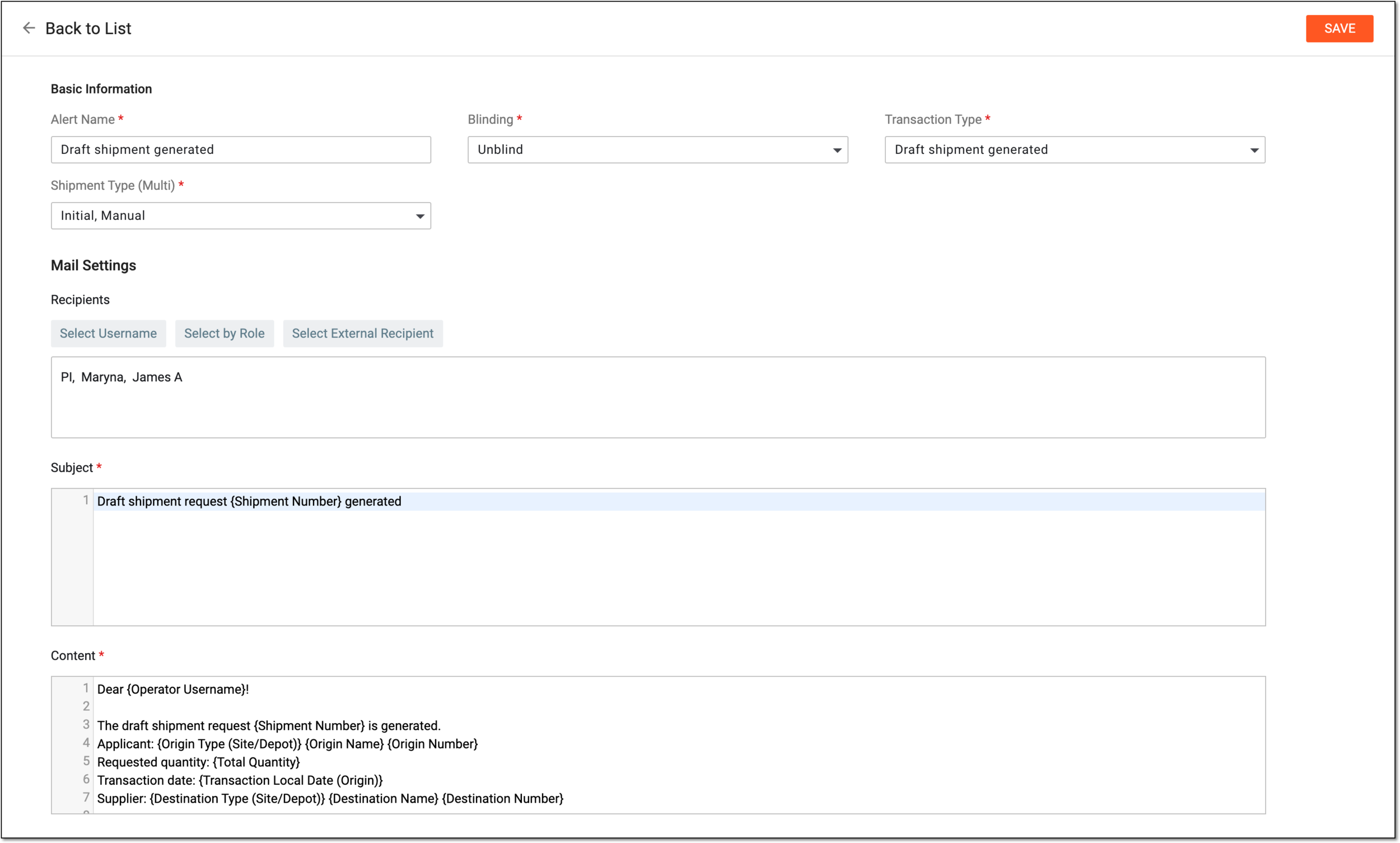 Configuring shipment alert