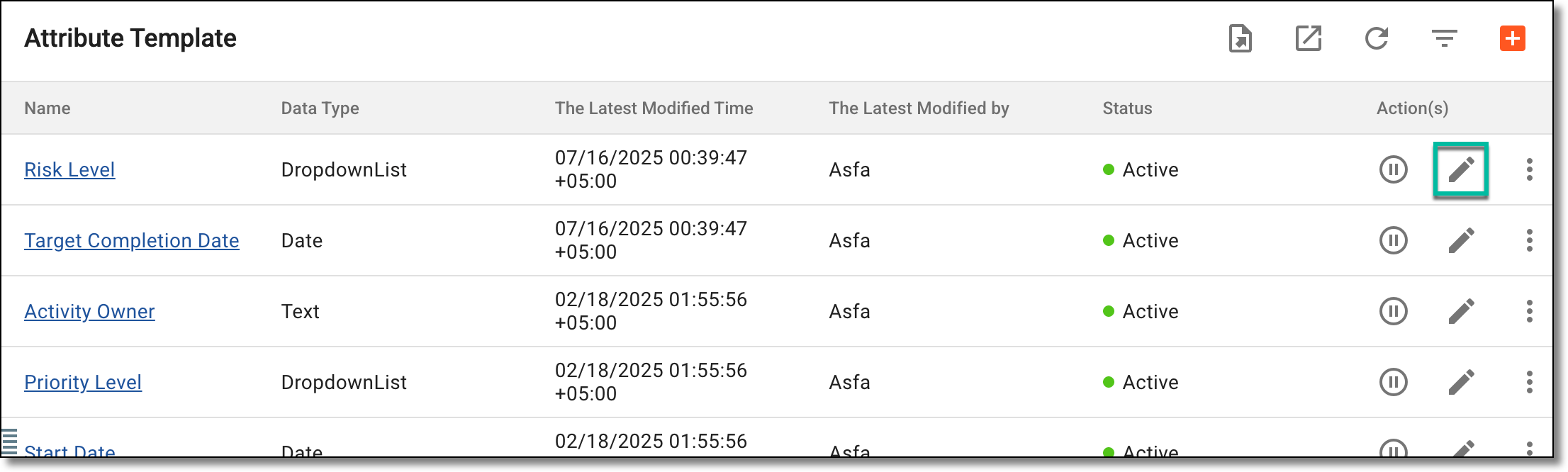 Selecting to edit attribute template