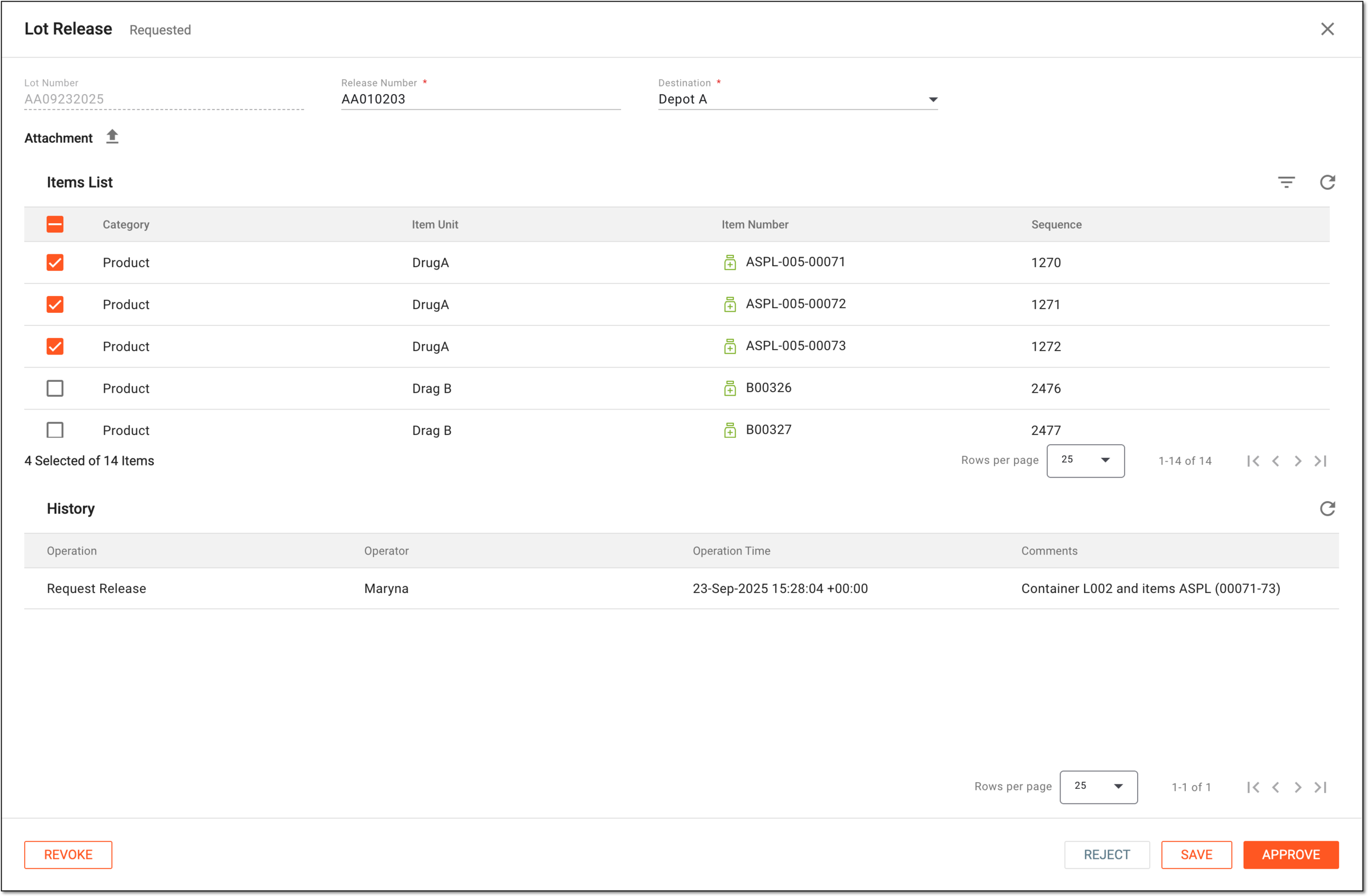 Processing lot release request