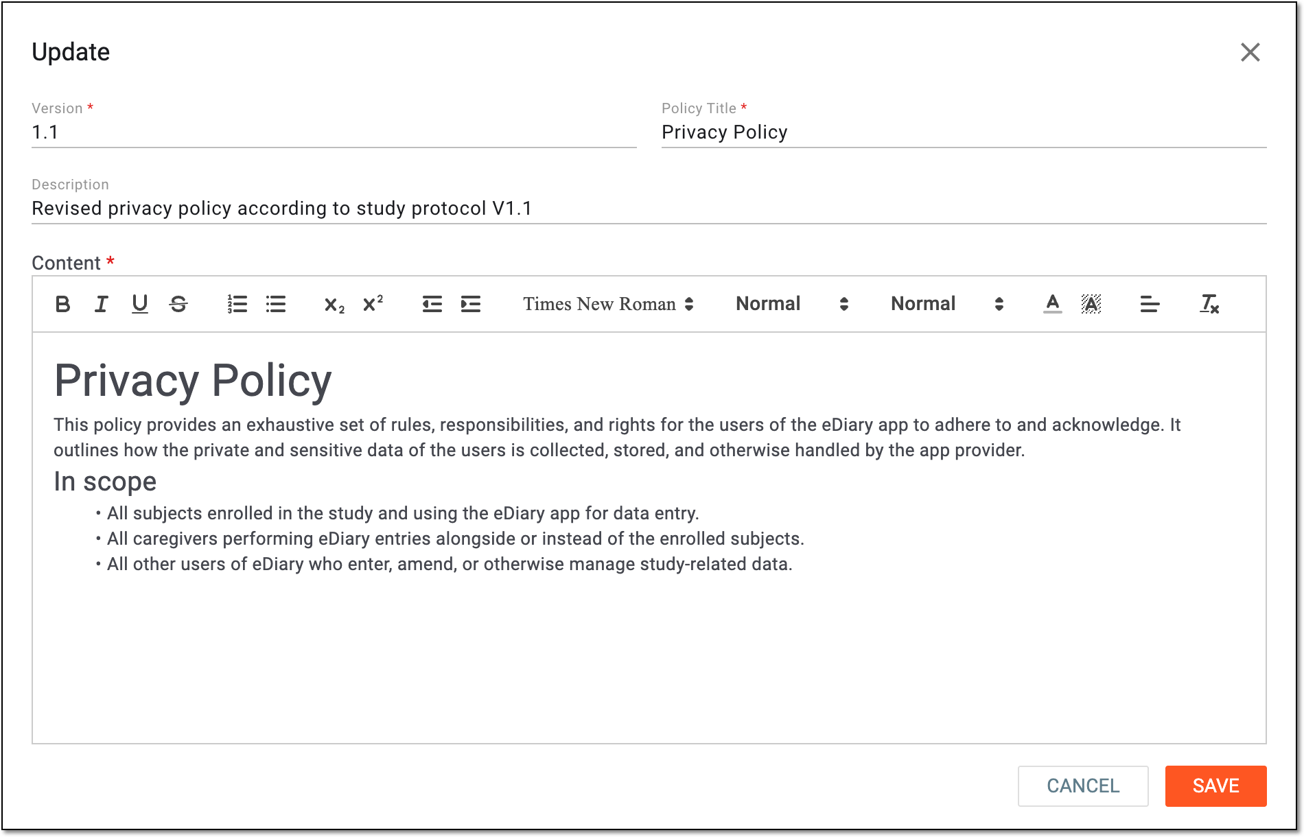 Defining eDiary policy settings