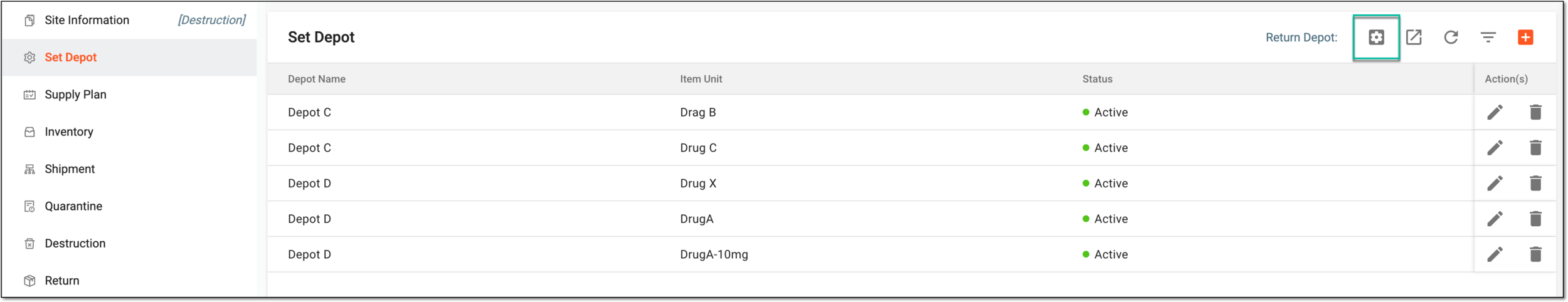 Accessing return depot setting