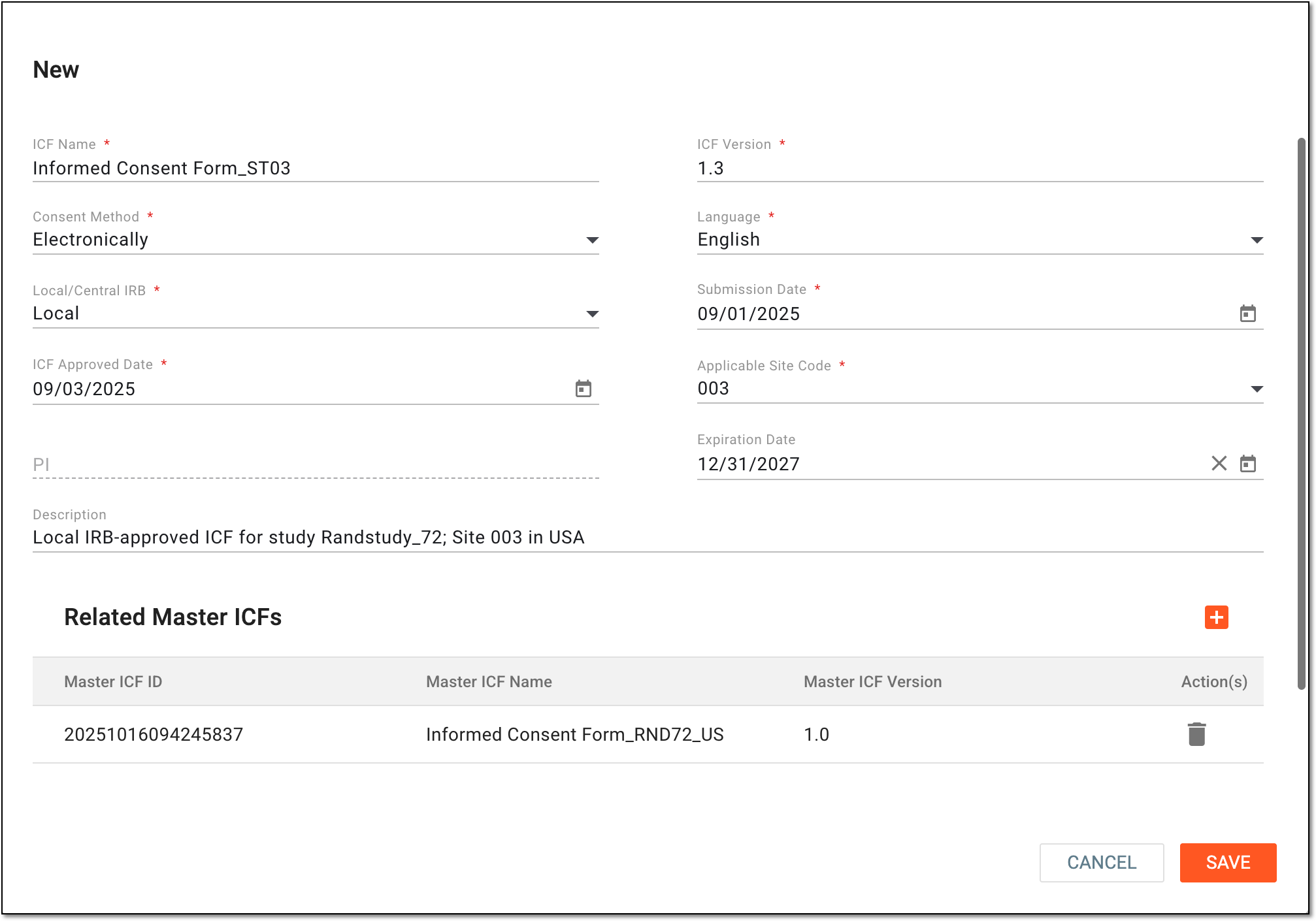 Adding new site ICF listing record details