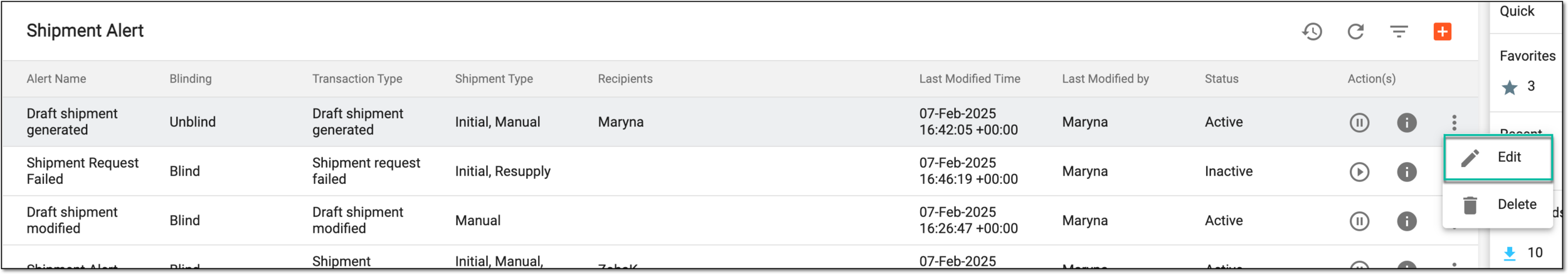 Selecting to edit shipment alert
