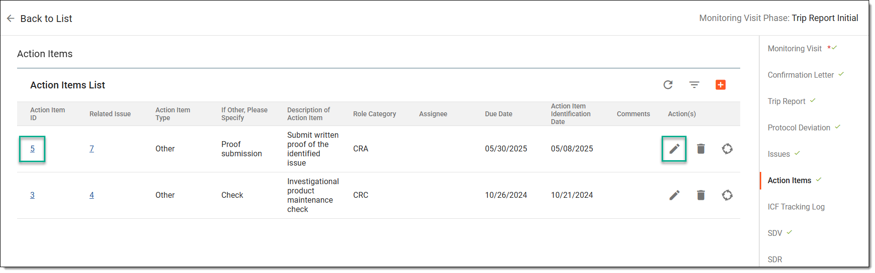 Accessing option to edit action item