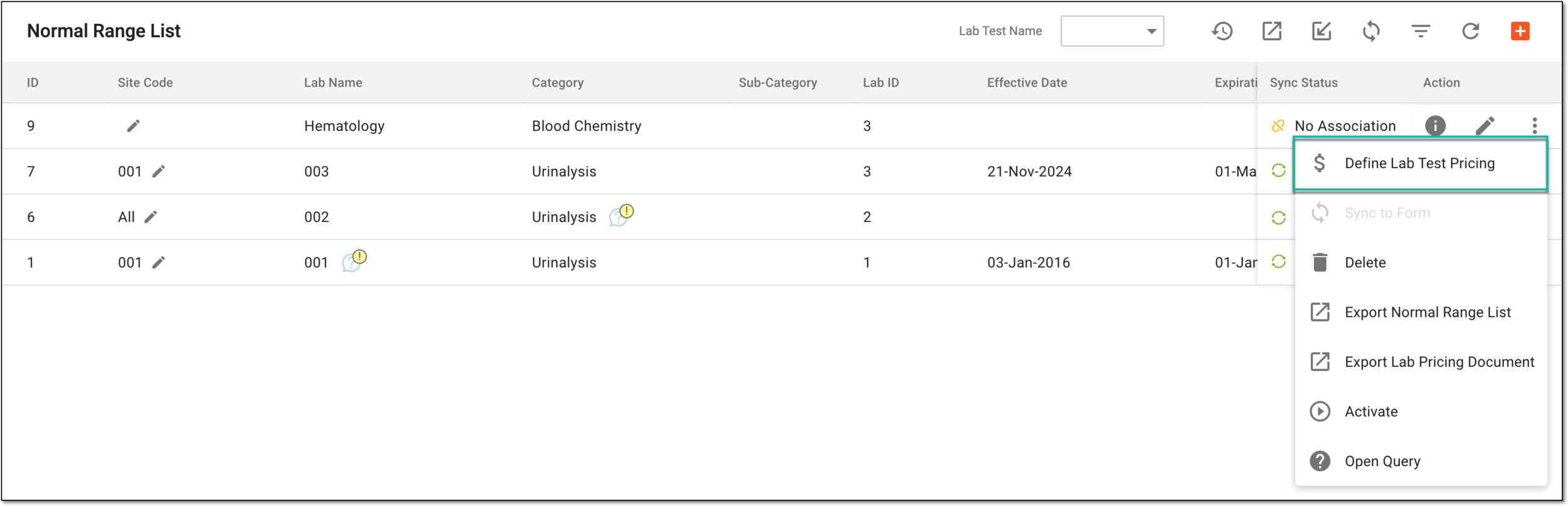 Selecting option to define lab test price