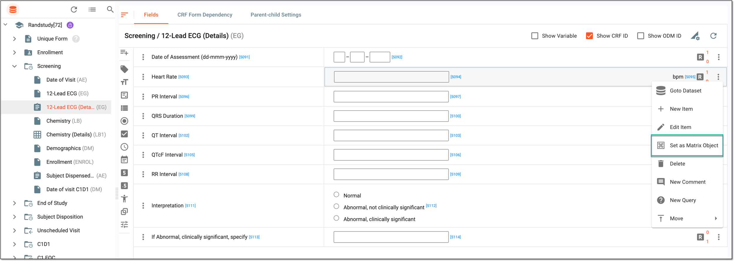 Selecting option to set item as matrix object