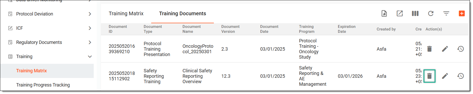 Deleting training document entry